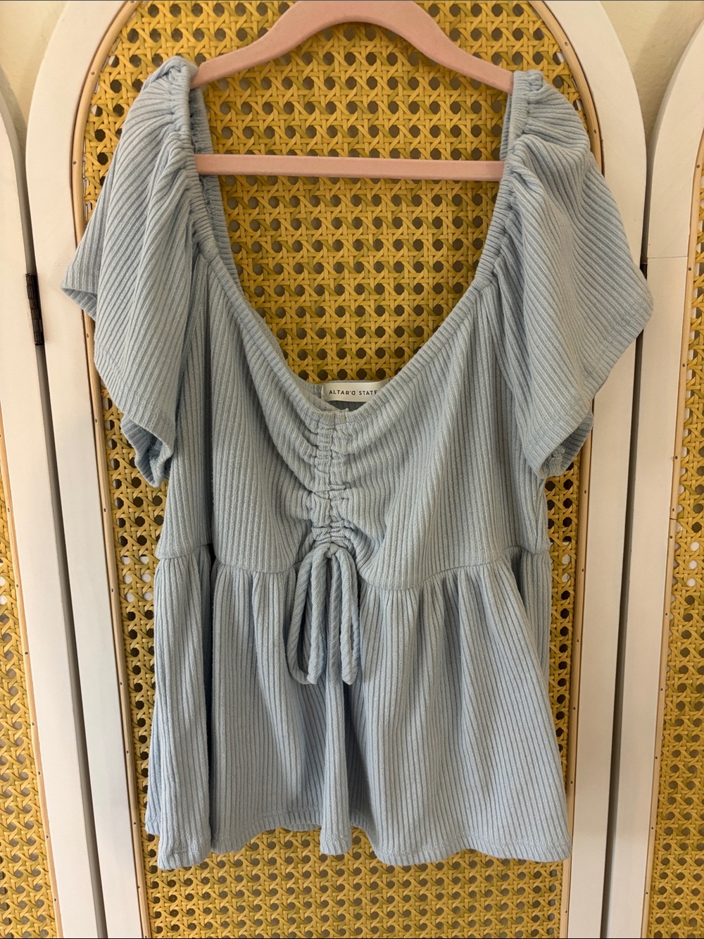 Altar'd State Light Blue Ribbed Tie-Front Peasant Blouse